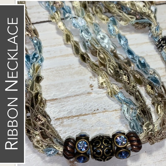 Jewelry - Necklace Strand of Blue, Sage, Bronze Ribbons, Bronze Beads & Blue Stones Accent